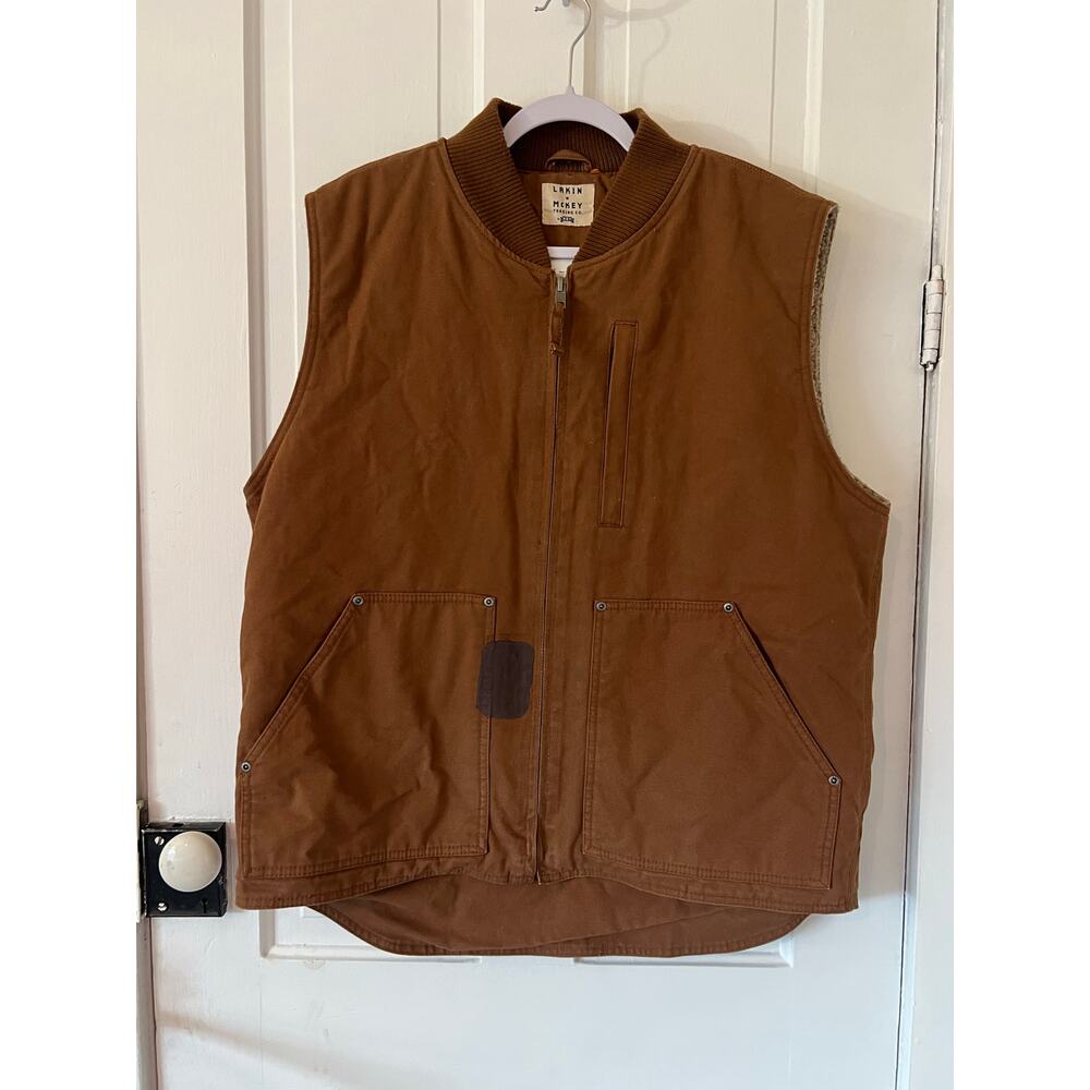 Lakin McKey men's large tall brown w/ patch cotton duck berber lined vest canvas